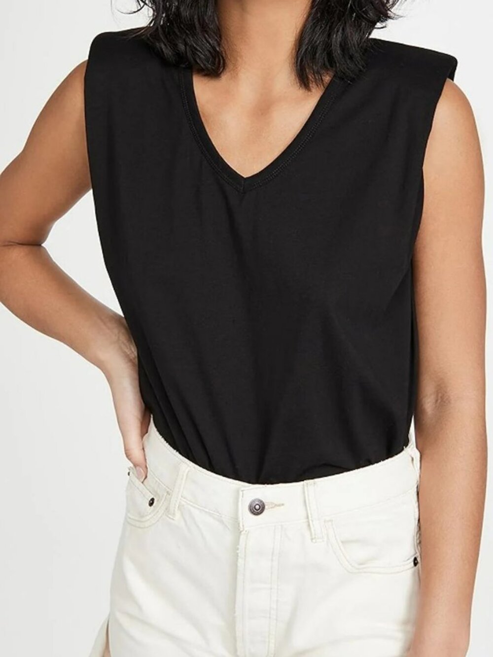 NWOT Blank NYC Padded Shoulder V-Neck Tee top Nights Like This, black, Size SM